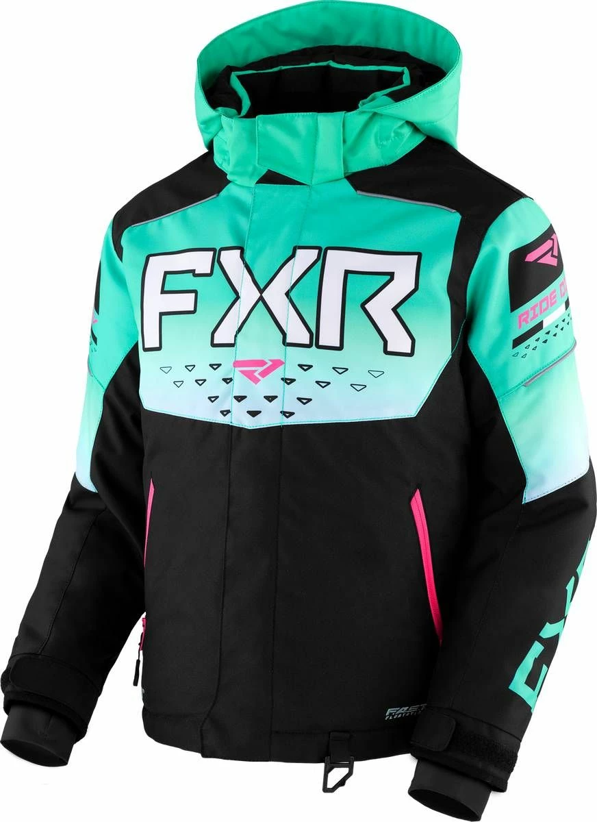 FXR 2023 Helium Child Snowmobile Jacket Black/Mint Fade/E Pink 1 FXR 2023 Helium Child Snowmobile Jacket Black/Mint Fade/E Pink